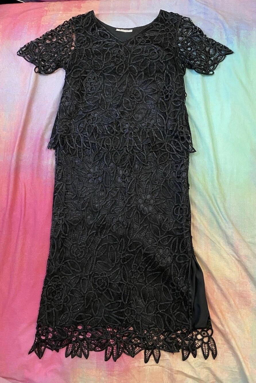 VTG Silken Poetry Silk Crochet Lace Beaded Skirt Set Black fairy romantic Sz S M